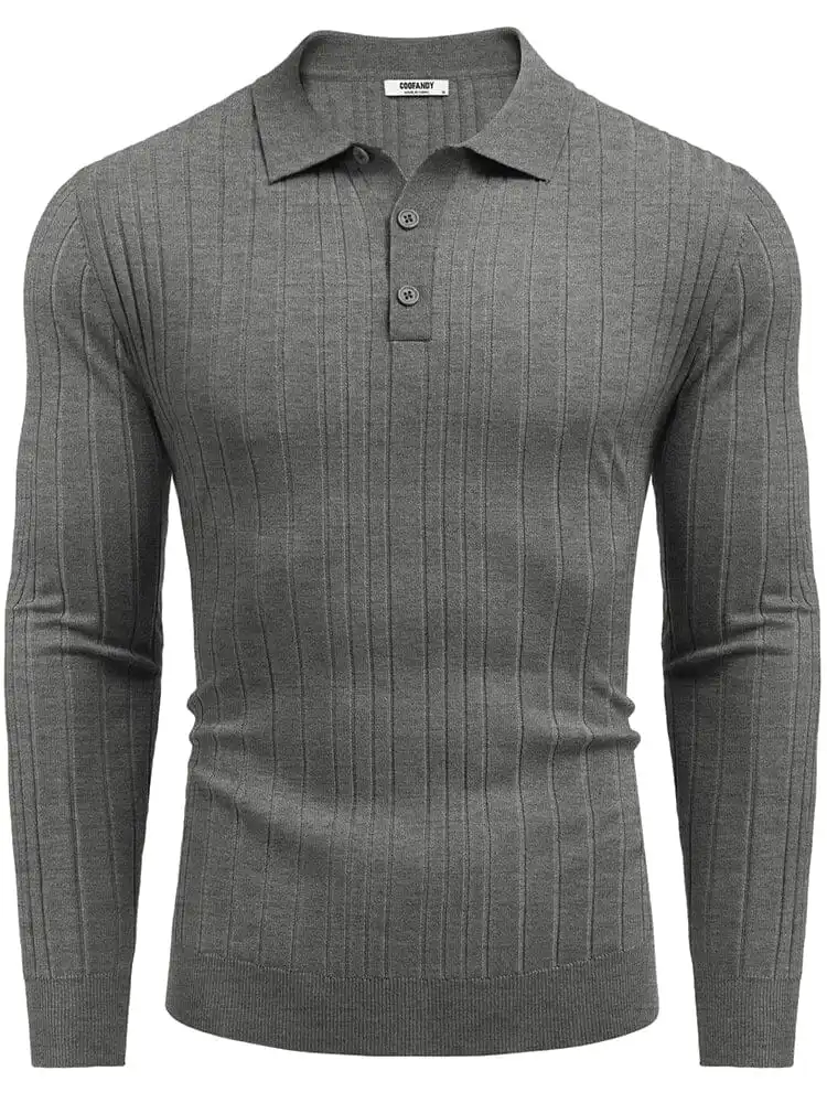 Versatile Ribbed Knit Polo Shirts Sweater