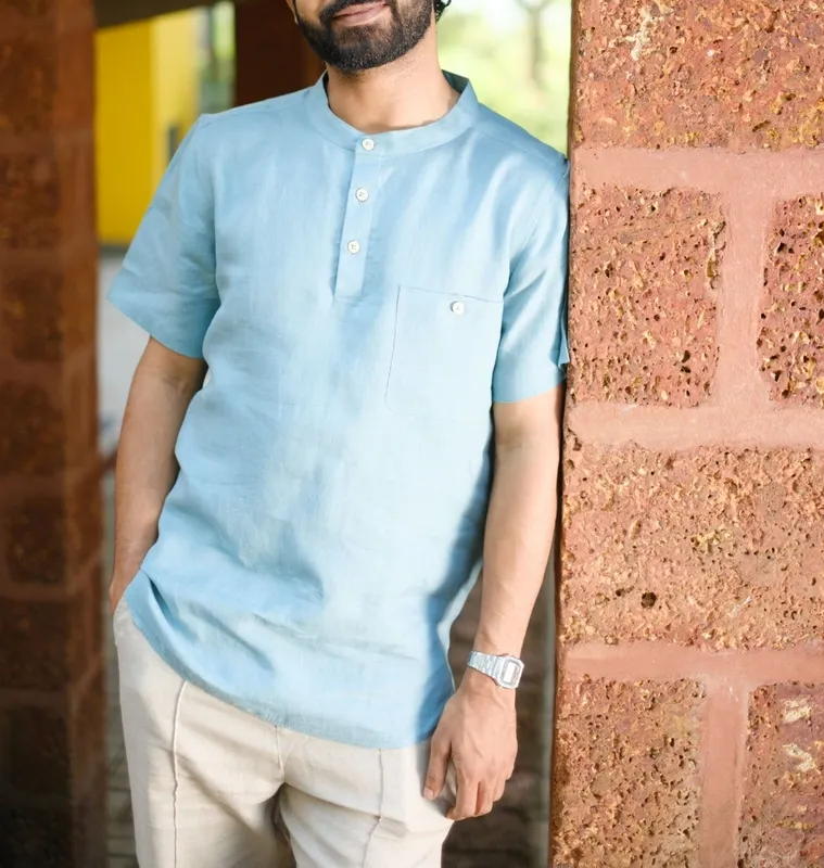 Aqua Linen Band Collar Shirt