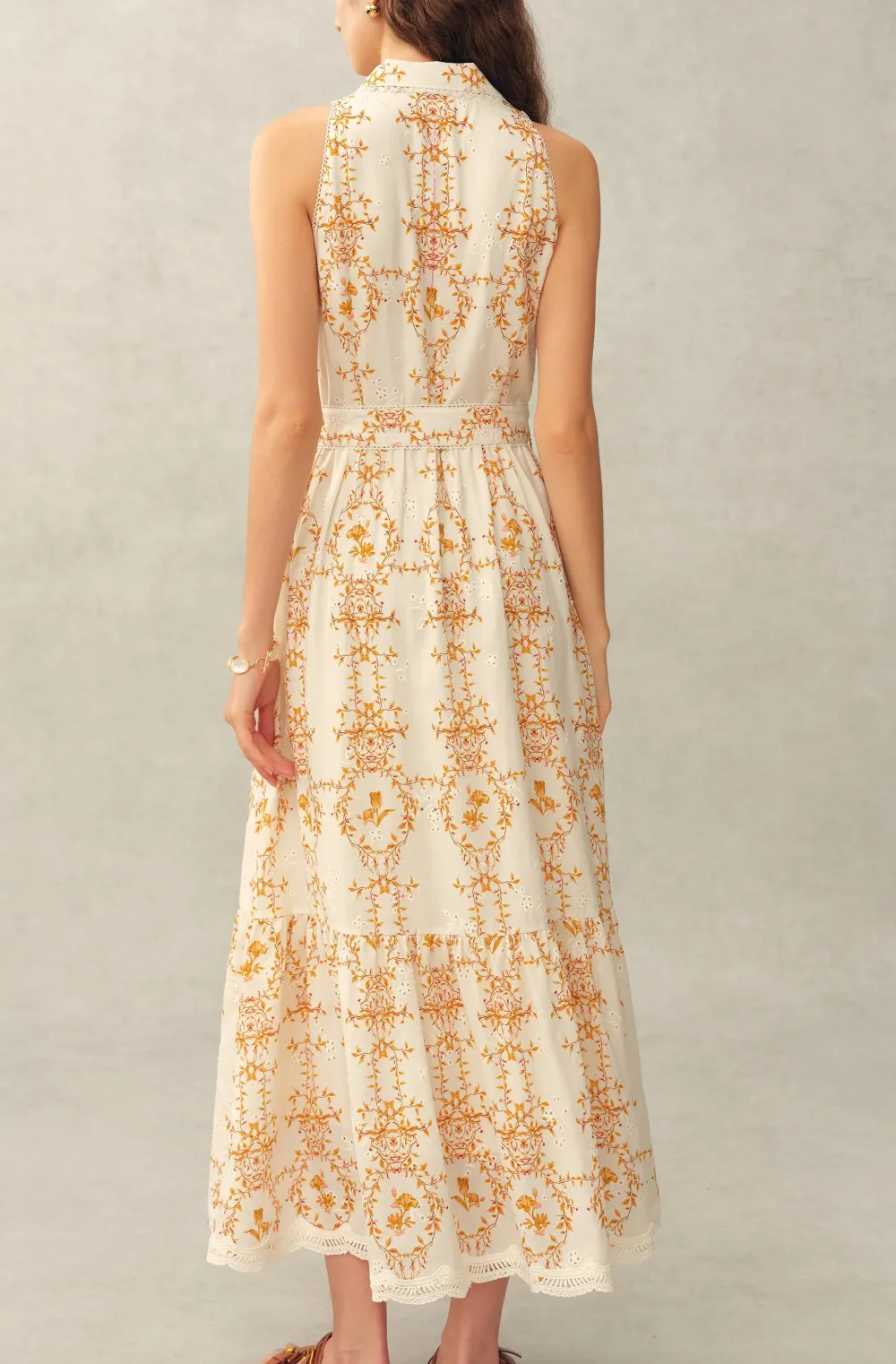 Sleeveless Belted Embroidered Floral Linen Blend Midi Dress