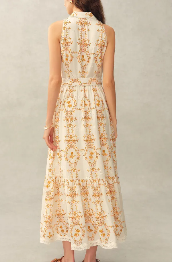 Sleeveless Belted Embroidered Floral Linen Blend Midi Dress
