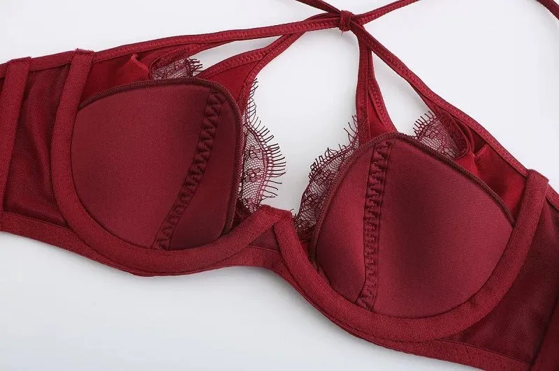 Satin Hollow Lace Bra And Panty Set