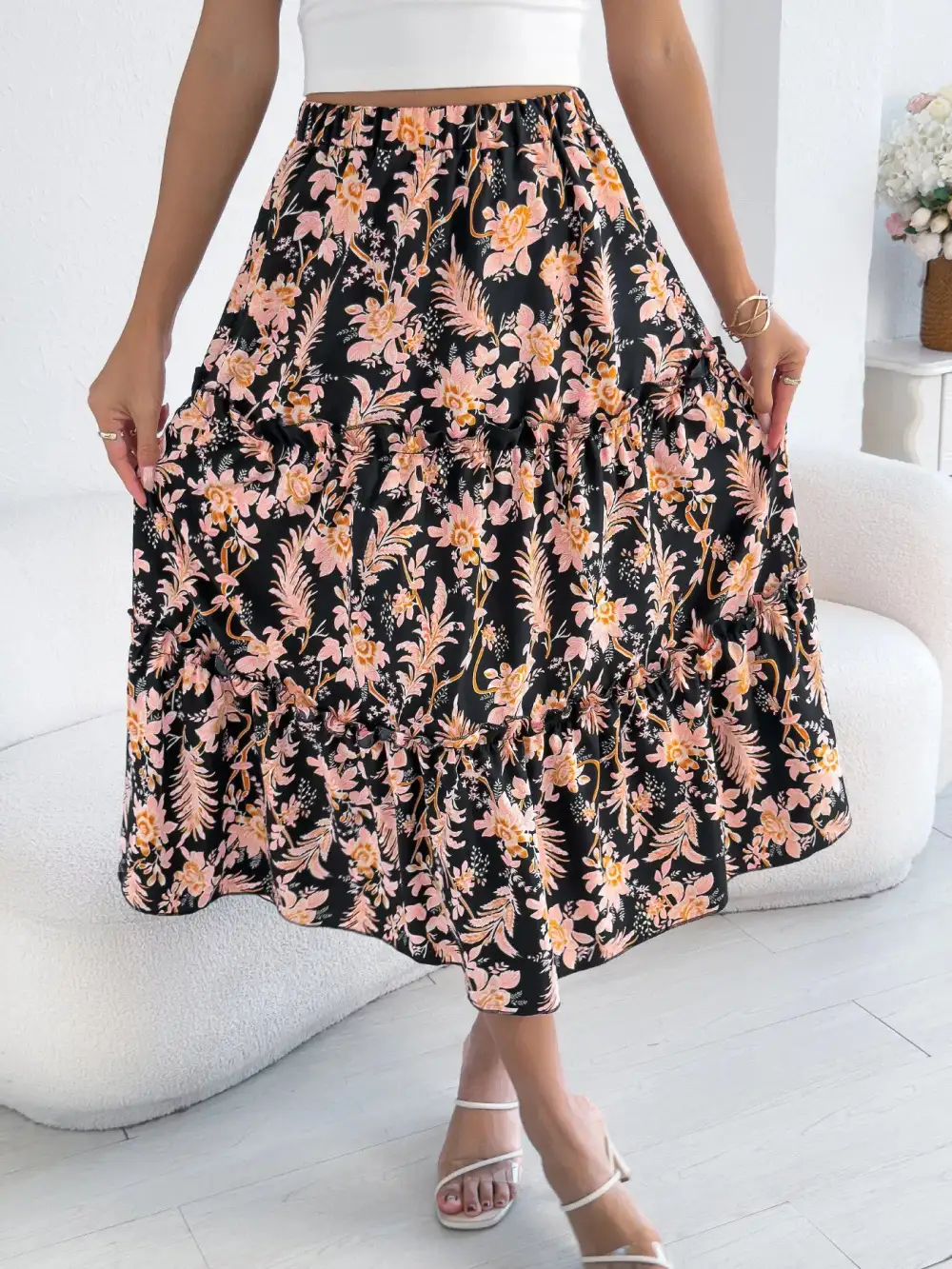 Print Ruffle Hem Flowy Midi Skirt
