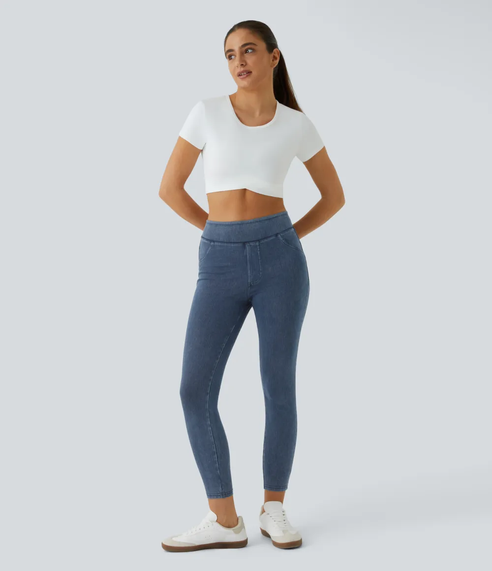 Magic High Waisted Back Side Pocket Stretchy Knit Denim Casual Leggings
