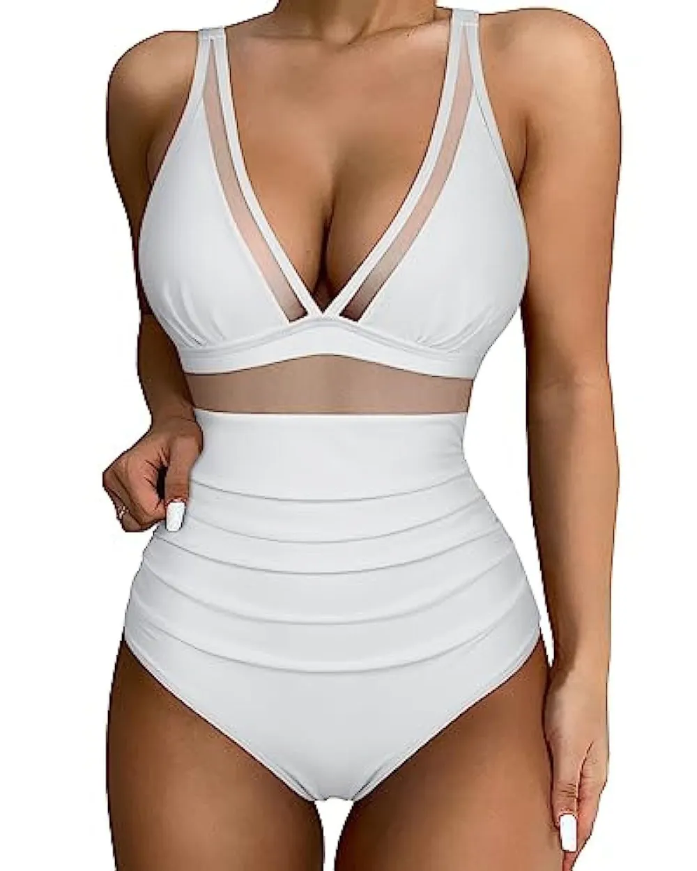  Mesh Panel High Waist One Piece Swimsuit Apparel