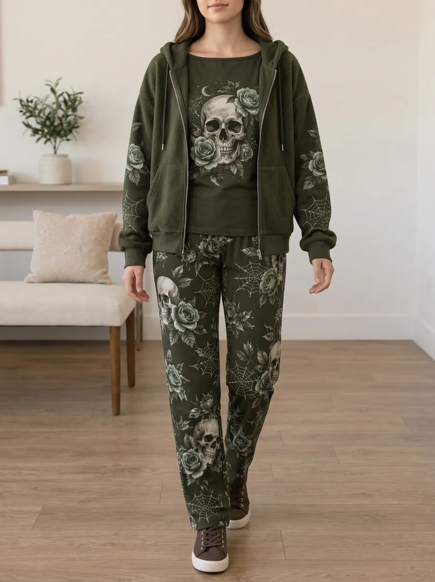 Women's Halloween Gothic Skull Rose Spiderweb Coordinated Hoodie Jogger Set