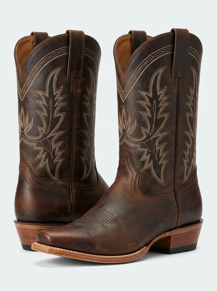 Unisex Classic Western Embroidered Leather-Look Profile Western Cowboy Boots