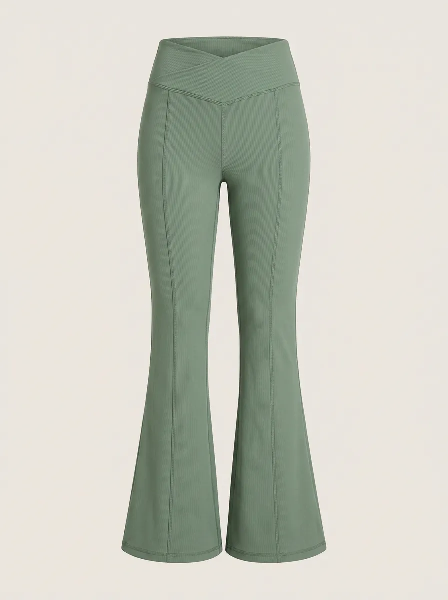 Women's Yoga Fitness Sage Green Crisscross Ribbed Flare Pants