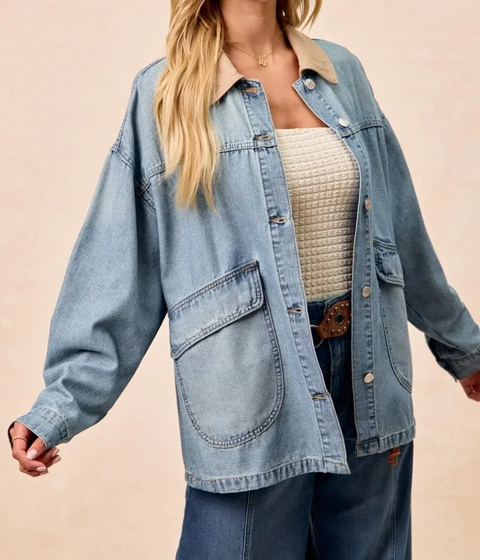 Washed Denim Jacket with Contrast Collar Detail
