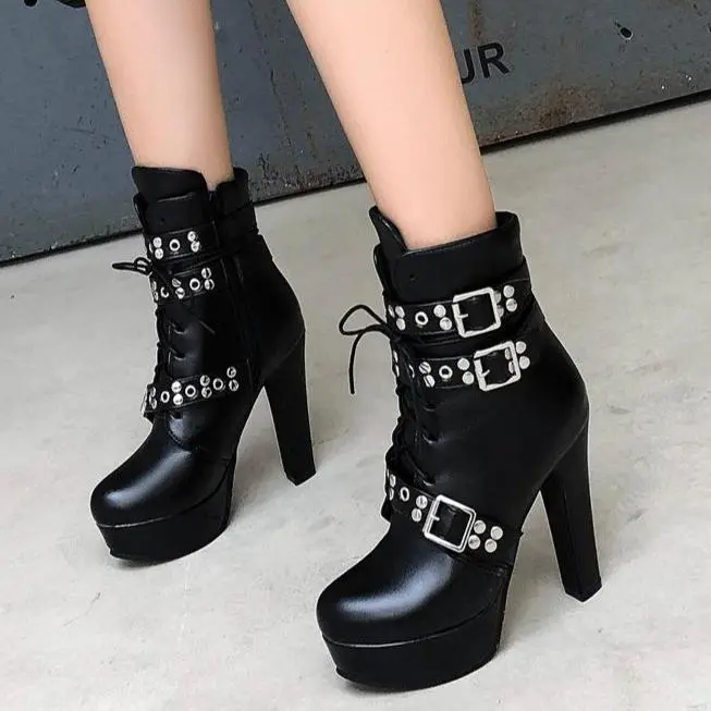 Buckle Strap Chunky High-Heel Combat Boots
