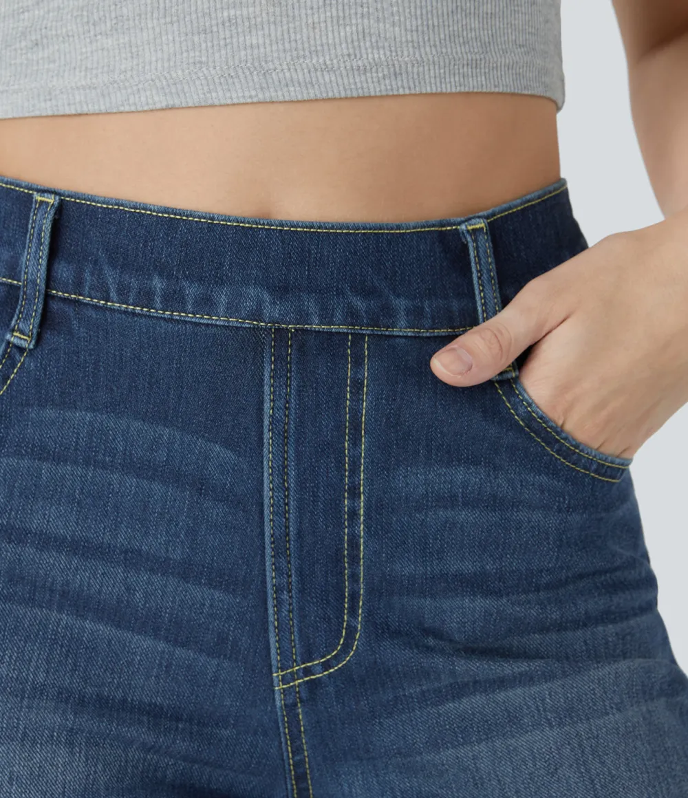 Magic High Waisted Multiple Pockets Straight Leg Washed Stretchy Knit Casual Jeans