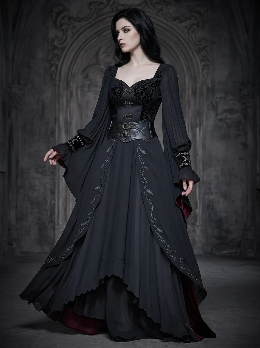 Dark Romantic Moon Detail Women's Gothic Dress