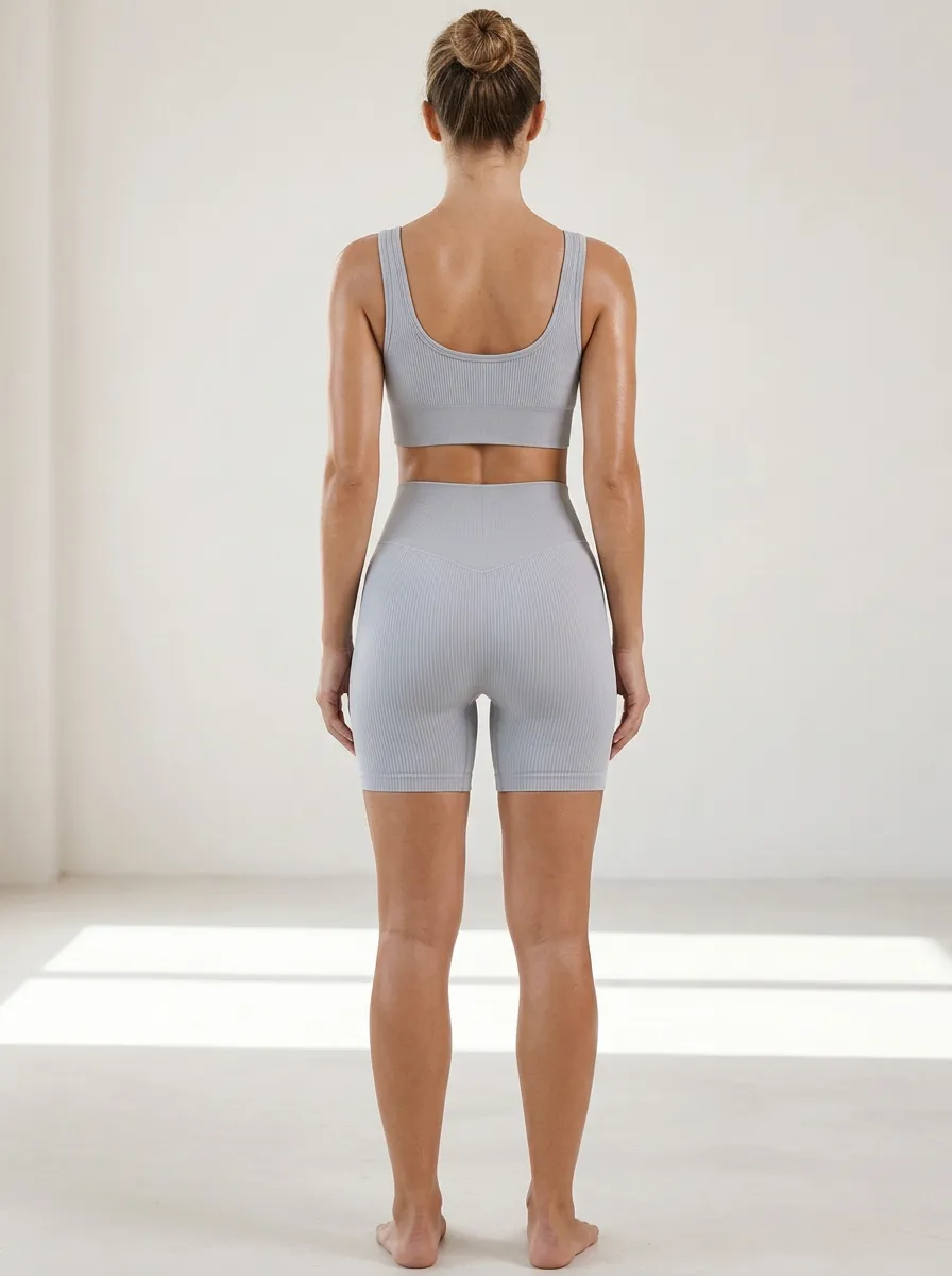 Dynamic Ribbed Texture Seamless Design Street Style Women's Tank Top And Sports Shorts Set