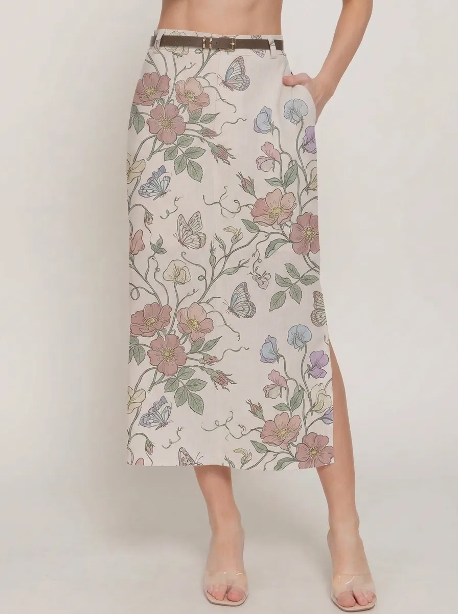 Women's Belted Floral Butterfly Nature Lover Printed Midi Skirt