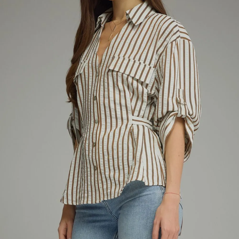 Foldover Stripe Button Front Top