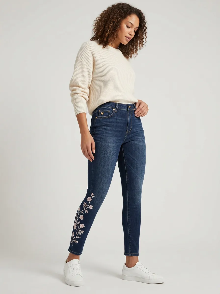 Women's Floral Embroidery Printed Slim-Fit Jeans