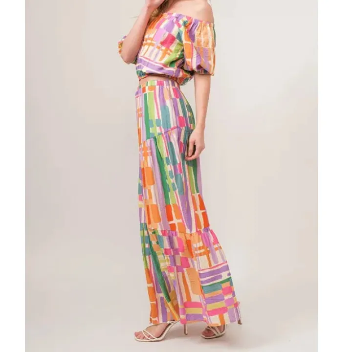 Asymmetric Geo Printed Tiered Maxi Skirt