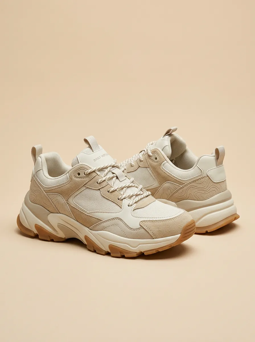 Mixed-Material Suede-Panel Mesh-Panel Casual Sneakers