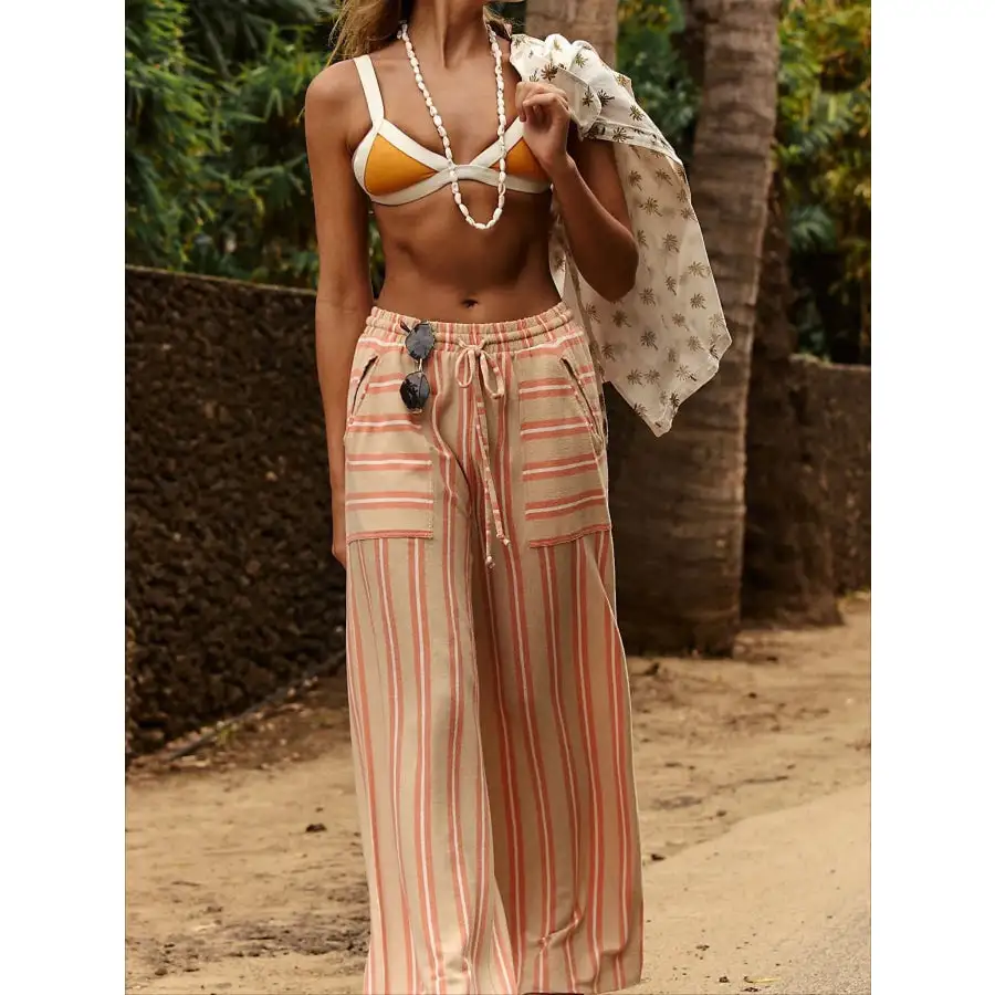 Relaxed Striped Wide Leg Drawstring Pants