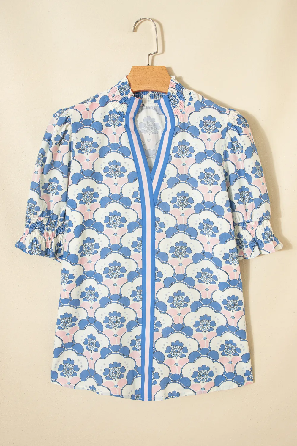 Sky Blue Floral Print Flounced Blouse