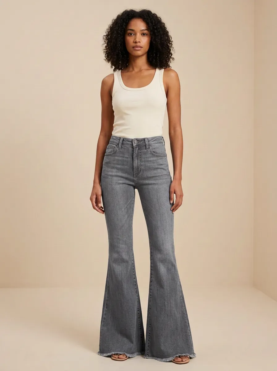 Frayed Hem Raw Hem Faded Finish Flare Jeans