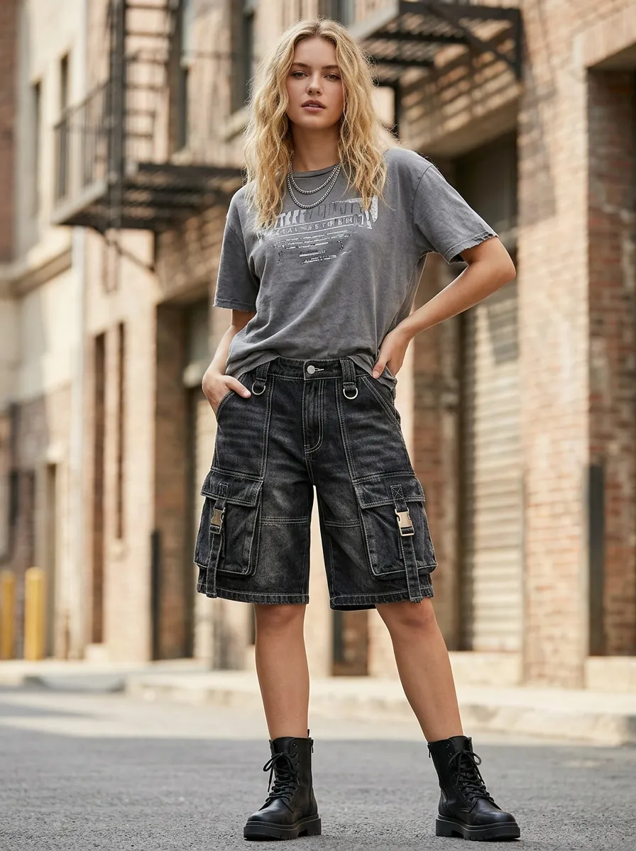 Women's Streetwear Black Denim Multi-Pocket Cargo Shorts
