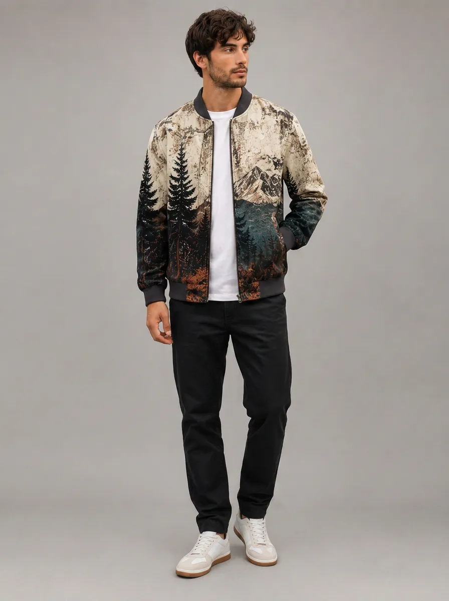 Men's Landscape Print Bomber Jacket with All-Over mountain and forest landscape graphic print