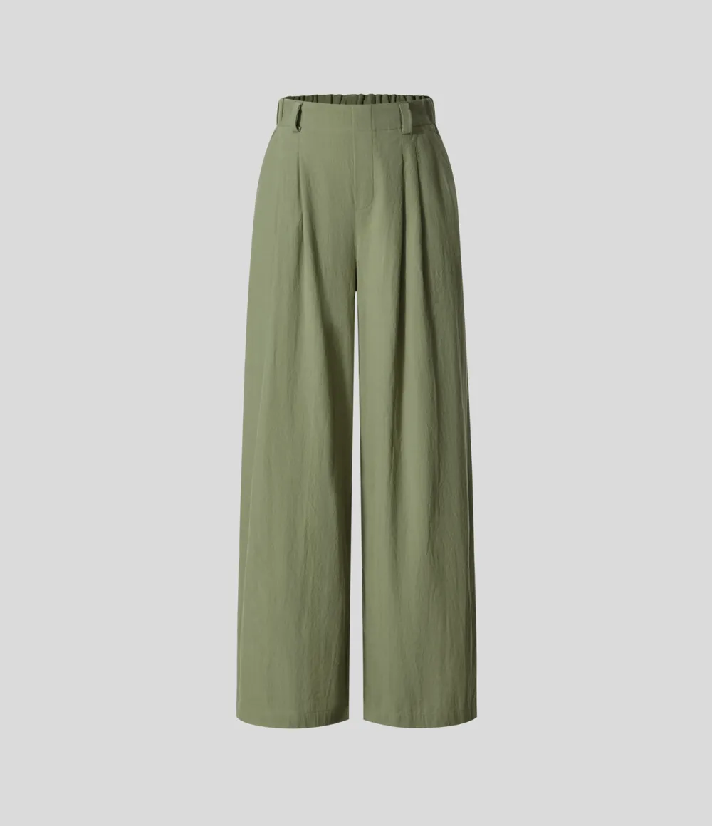 High Waisted Plicated Side Pocket Wide Leg Flowy Solid Palazzo Casual Linen-Feel Pants