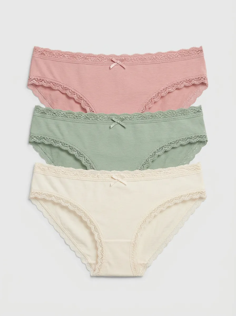 Minimalist Lace-Trim Bow-Detail Women's Three-Piece Panty Set