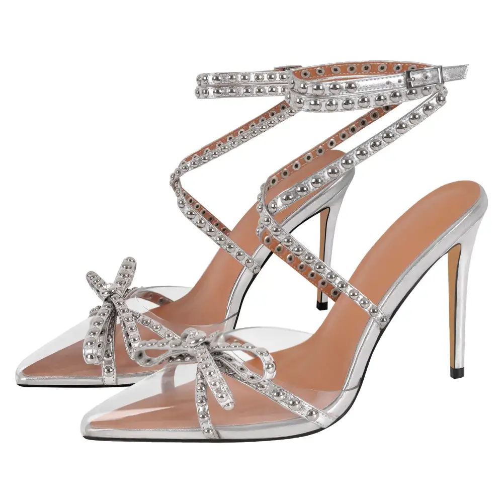 Sleek Rivet Pointed Toe Stiletto Ankle Strap Pumps