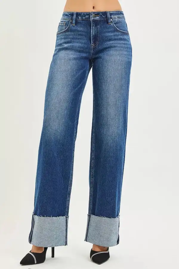 Mid Rise Cuffed Hem Wide Straight Jeans