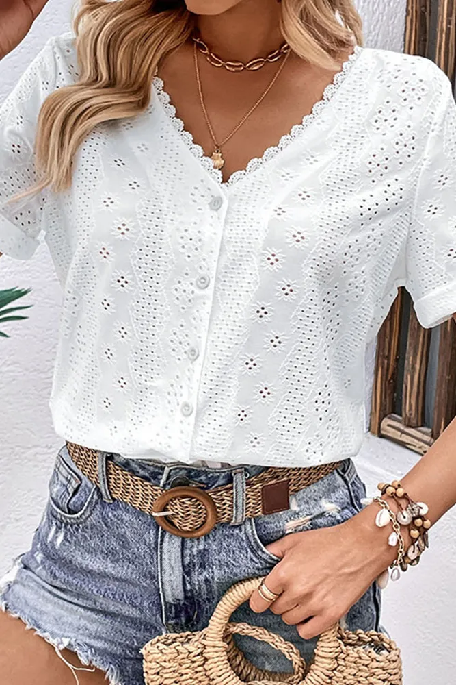 White V Neck Eyelet Pattern Blouse