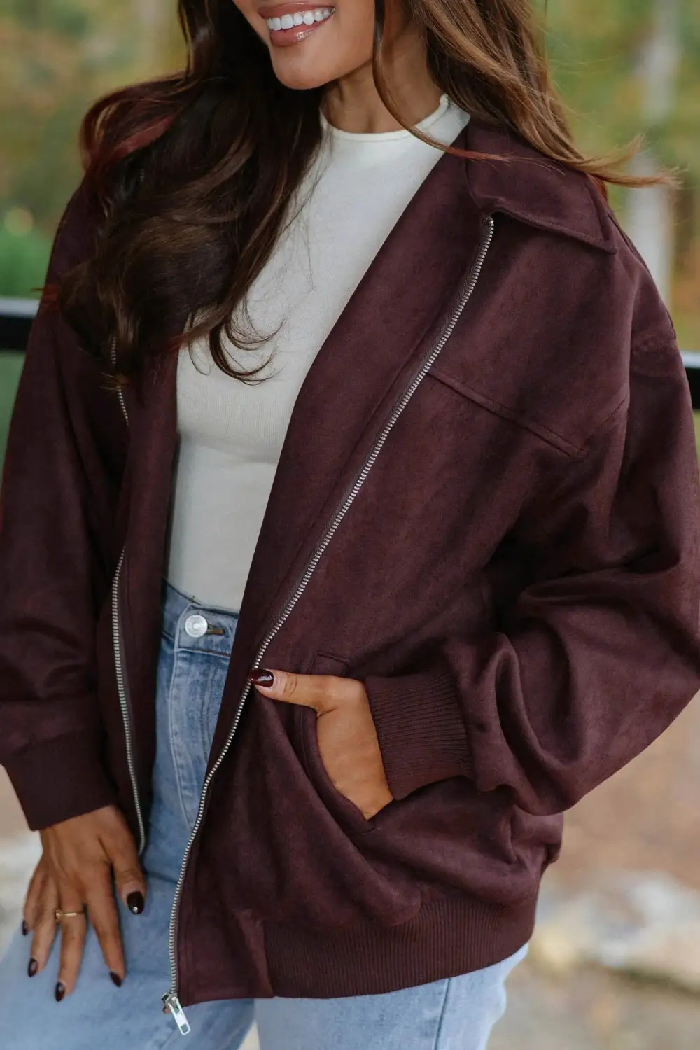 Women's Solid Zip Up Metal Placket Collar Long Sleeve Jacket