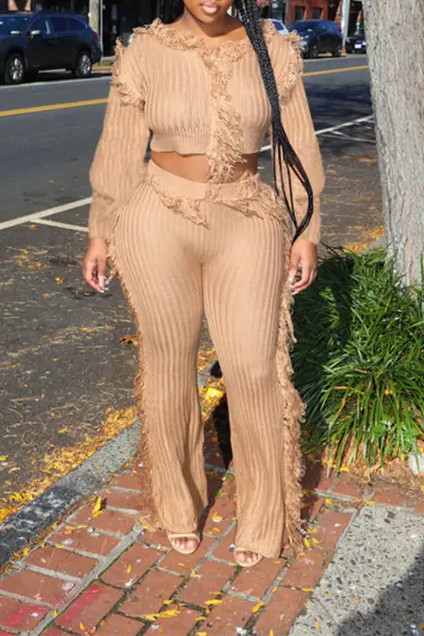 Solid Color Tassel Round Neck Pant Set
