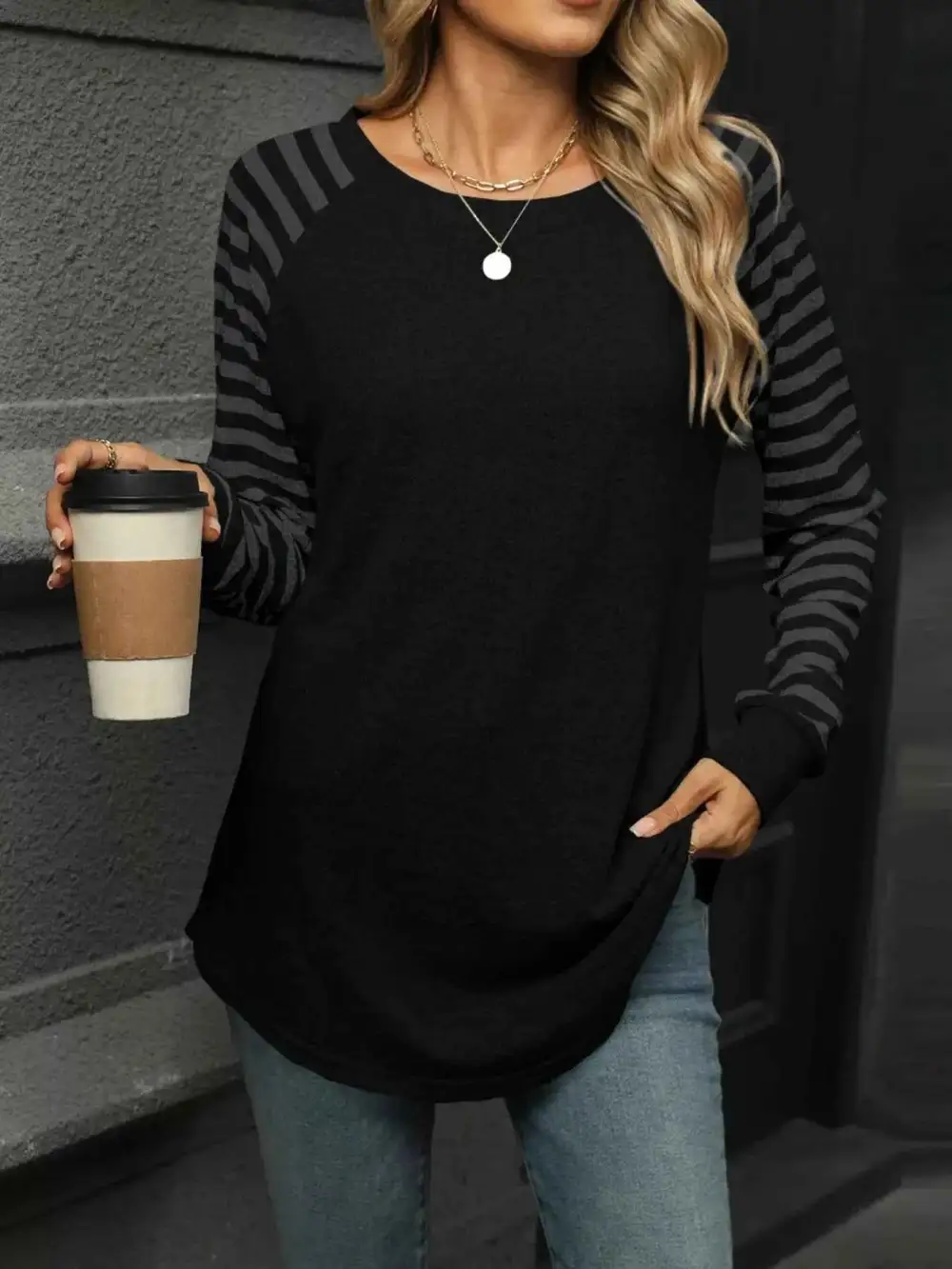 Striped Round Neck Raglan Sleeve T-Shirt