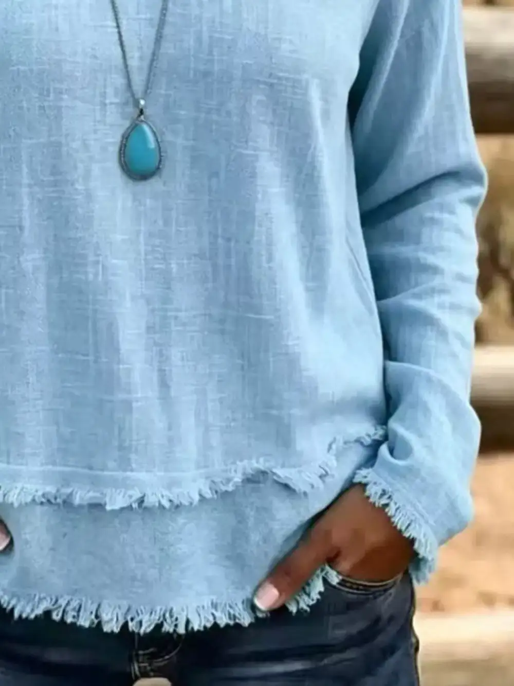 Long Sleeve V-Neck Frayed Hem Blouse