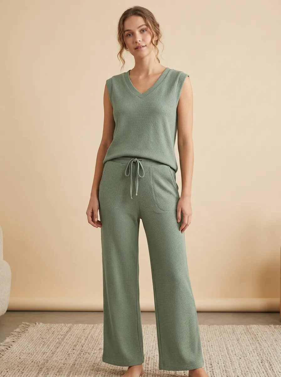 Drawstring Waist Waffle Knit V-Neck Sleeveless Lounge Set