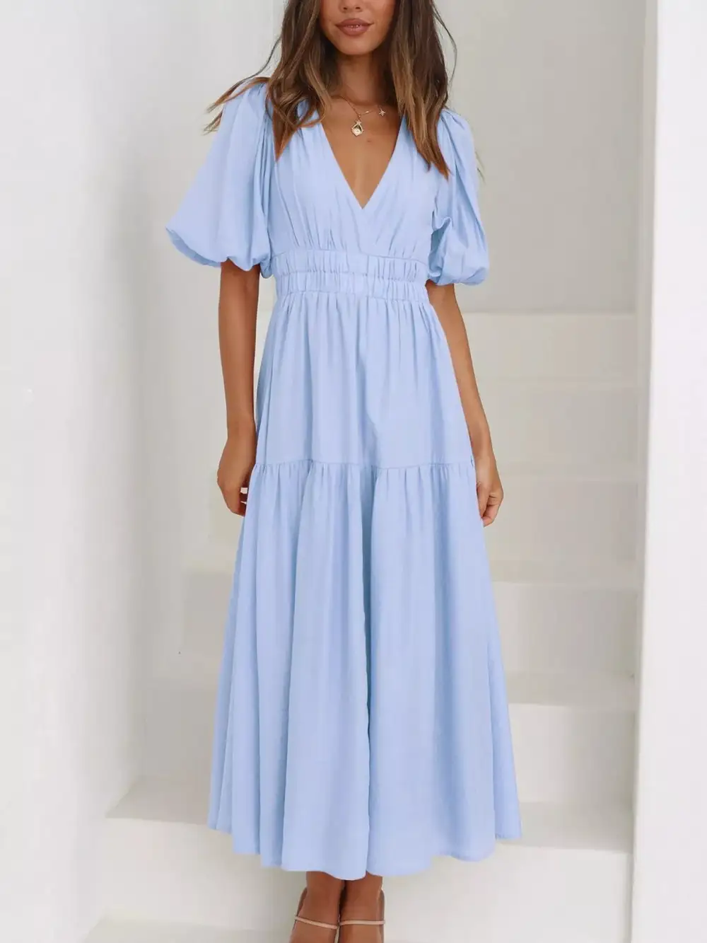 Everyday V-neck Puff Sleeve Midi Dress