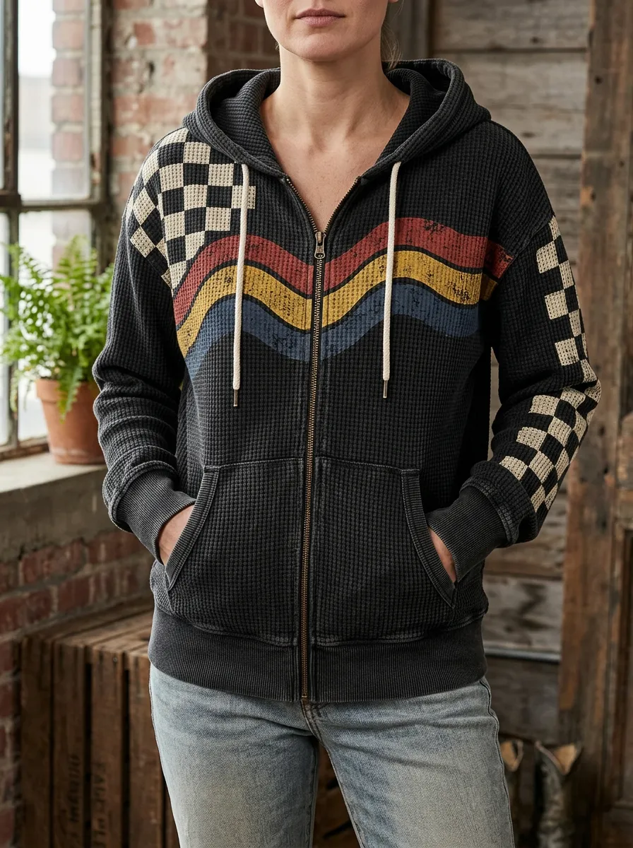 Women's Retro Checkered Wavy Stripe Printed Waffle Zip Hoodie