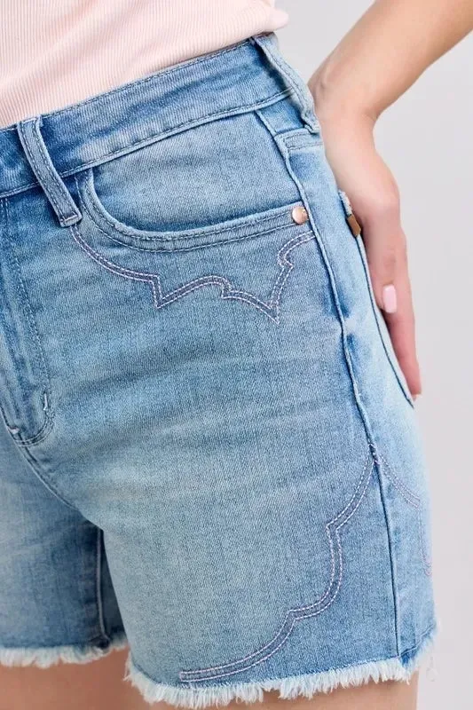 High-Waist Western Embroidery Cutoff Denim Shorts