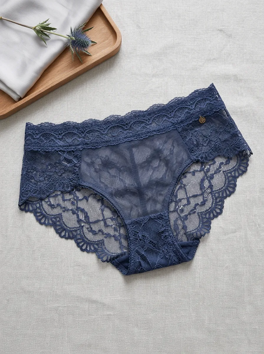 Women's Navy Blue Floral Lace Sheer Printed Panties