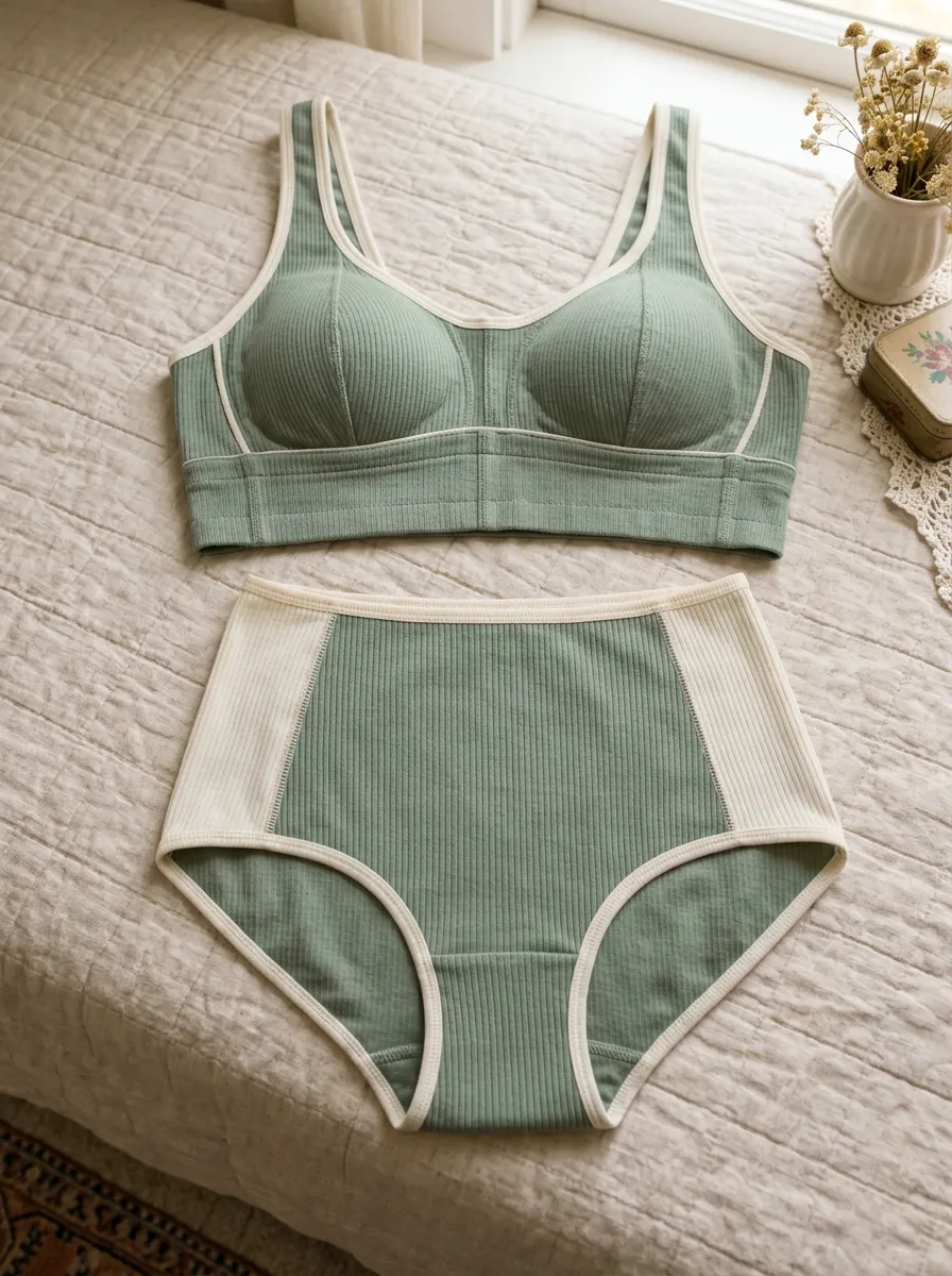 Women's Ribbed Contrast Trim And High Rise Full Coverage Lingerie Set