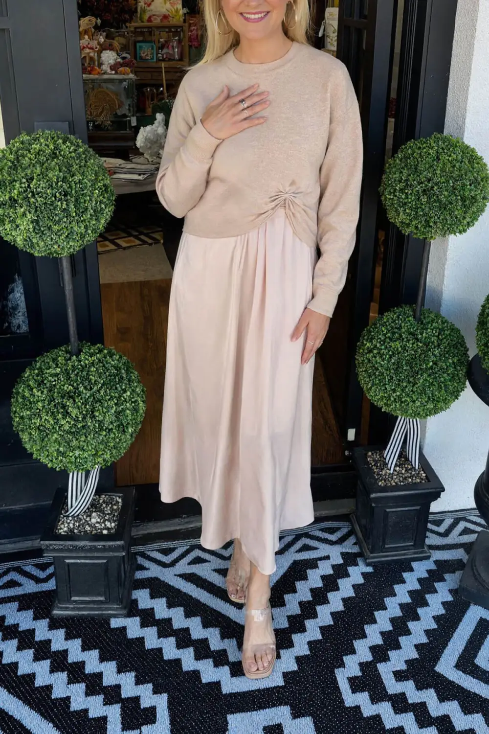 Fashion Knit Ruched Sweater And Satin Midi Dress