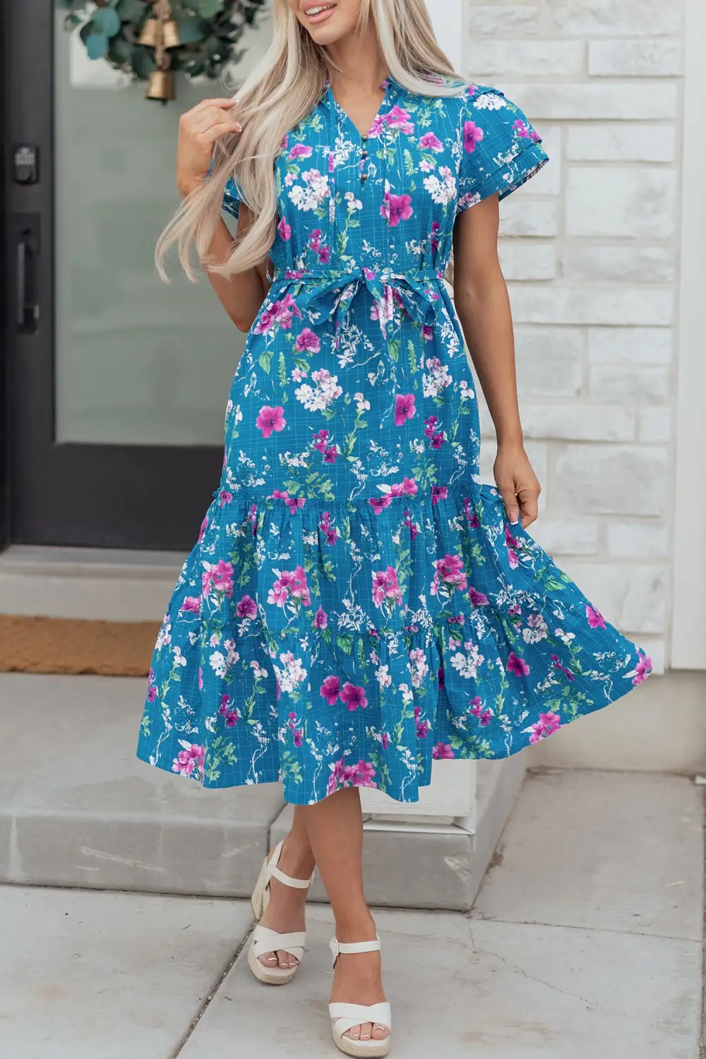 Floral Split Neck Tie Waist Dress Casual