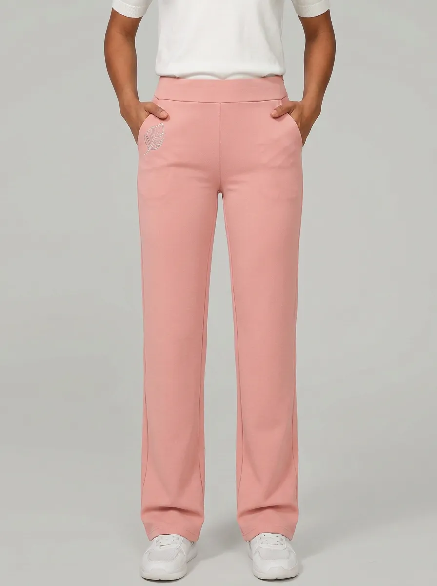 Women's Classic Flexible Leaf Pattern Printed Mid Rise Straight Leg Pants