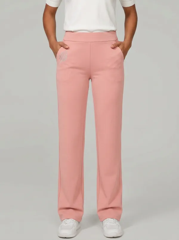Women's Classic Flexible Leaf Pattern Printed Mid Rise Straight Leg Pants