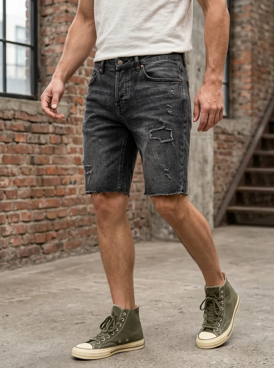 Men's Distressed Denim Shorts Featuring Five Pocket