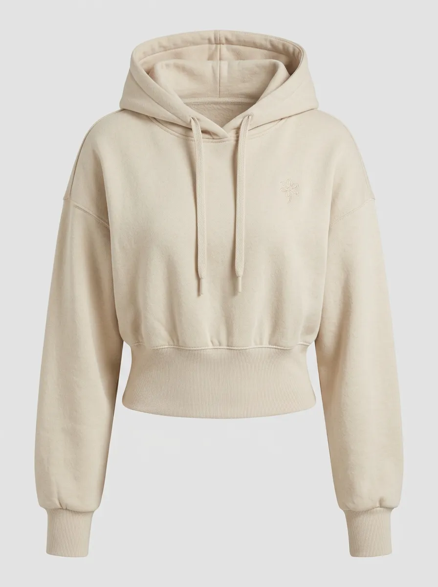 Women's Casual Minimalist Floral Embroidered Beige Cropped Hoodie