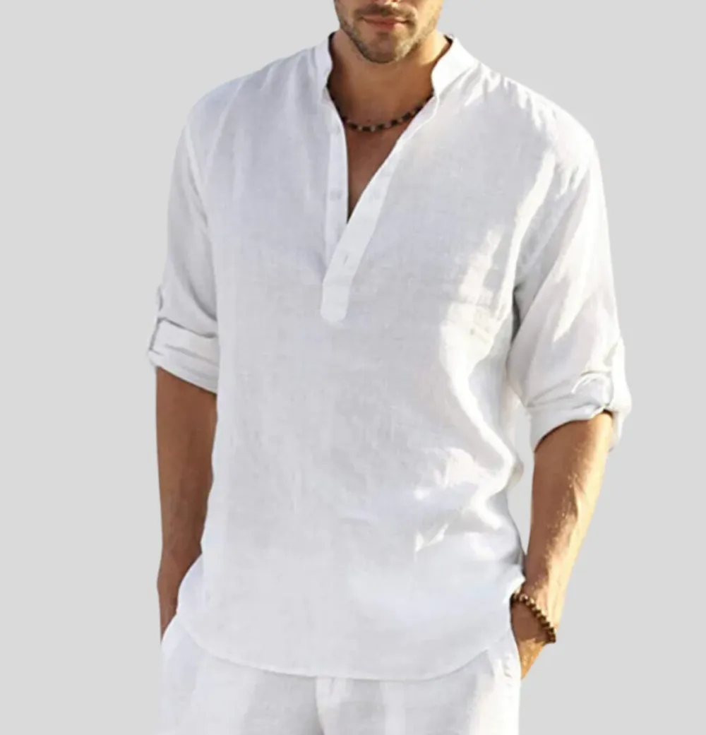 Linen Henley Collar Long Sleeve Shirt