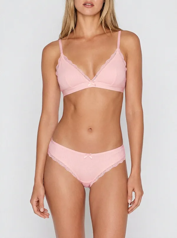 Women's Ribbed Lace Trim Bowknot Lingerie Set