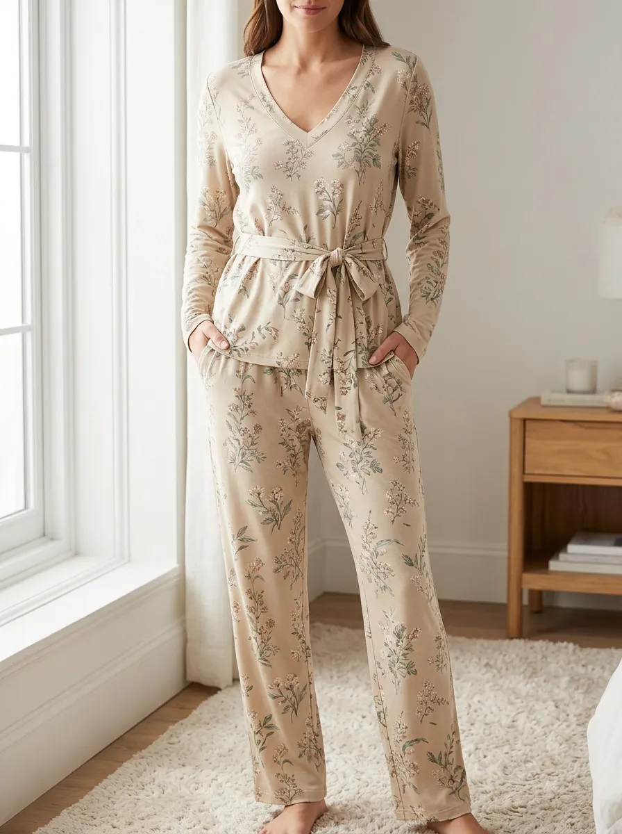 Women's Botanical Floral Belted V-Neck Loungewear Set